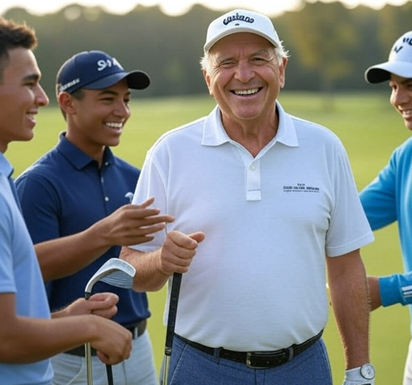 smiling golfers with younger friends