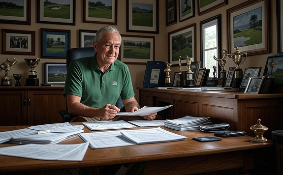 older man holding papers at his desk